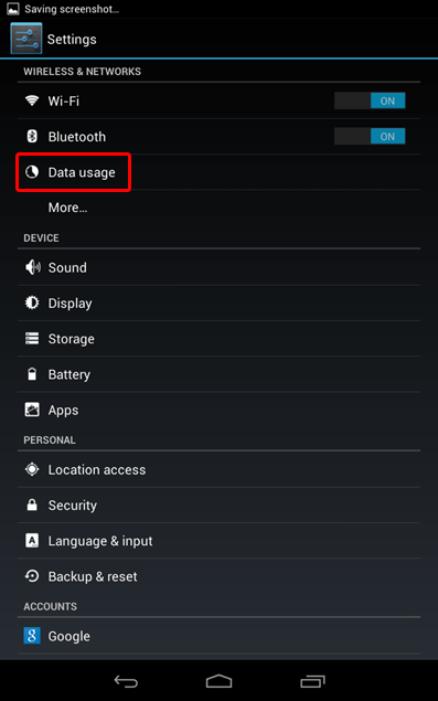 Nexus 7 Settings, Data Usage App